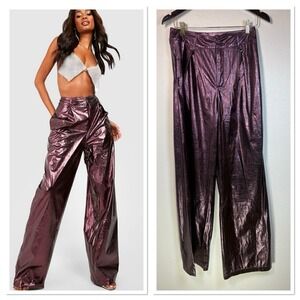 NWT Boohoo Metallic‎ Purple Straight Leg Trouser Pants Faux Leather High Rise 6